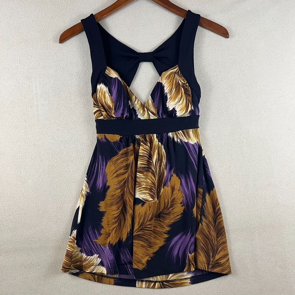 Purple & Gold Feathers Sz Small Tank‎ Top Empire Waist Keyhole Back Y2K Babydoll